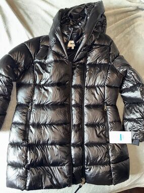 DKNY Glossy Black Quilted Hooded Puffer Coat